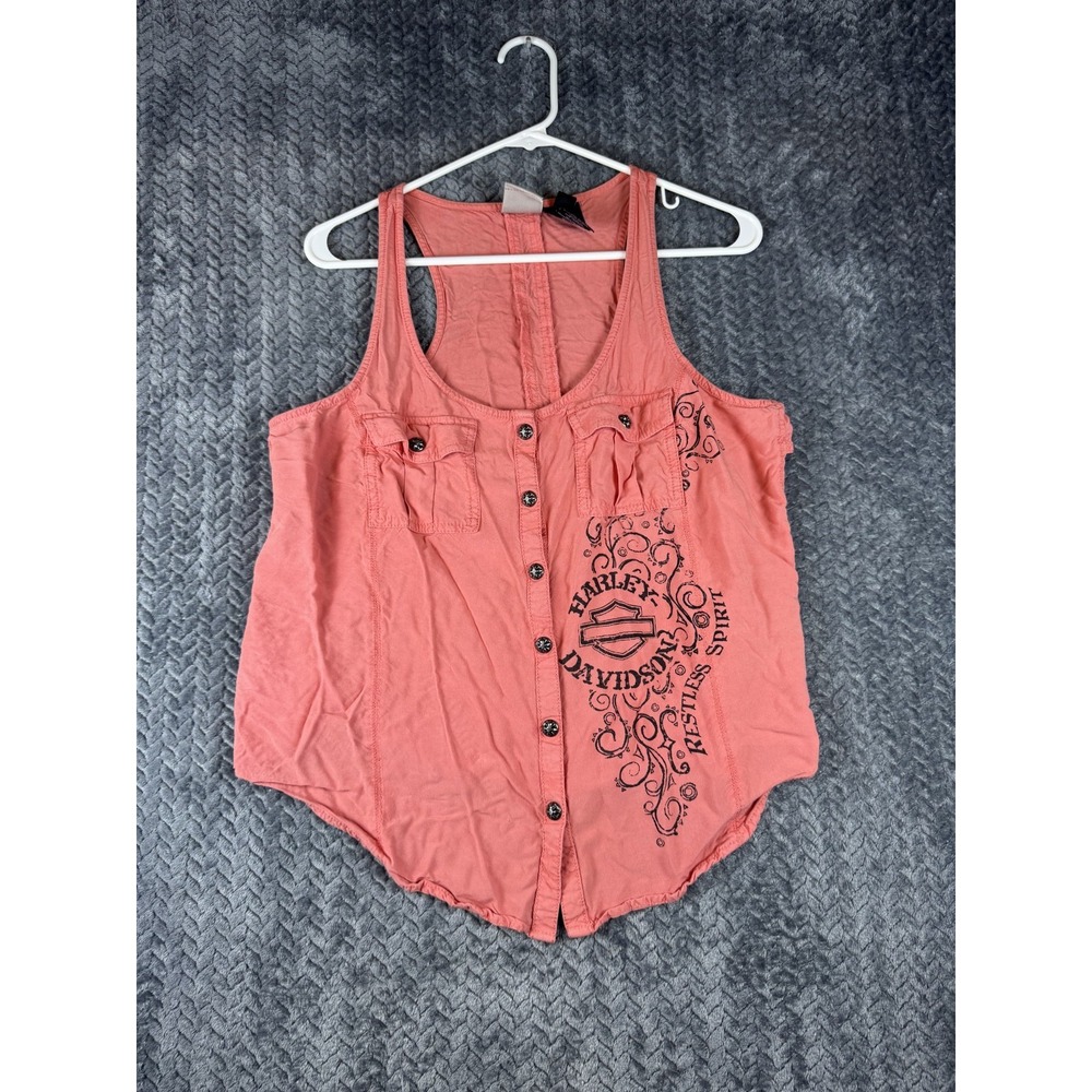 Harley Davidson Motorcycle Tank Top Women L Pink Graphic Sleeveless Button Front